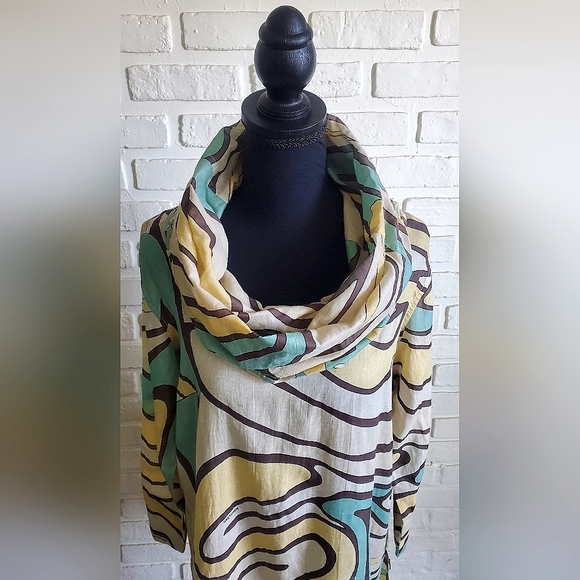 Gretchen Scott Funnel Tunic Top Cowl Neck Blue Bohemian Long Sleeves Size Large - Picture 3 of 12